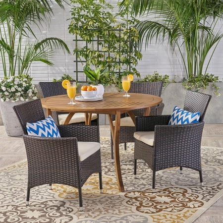 Kira Outdoor 5 Piece Acacia Wood and Wicker Dining Set with Cushions Teak Multi Brown