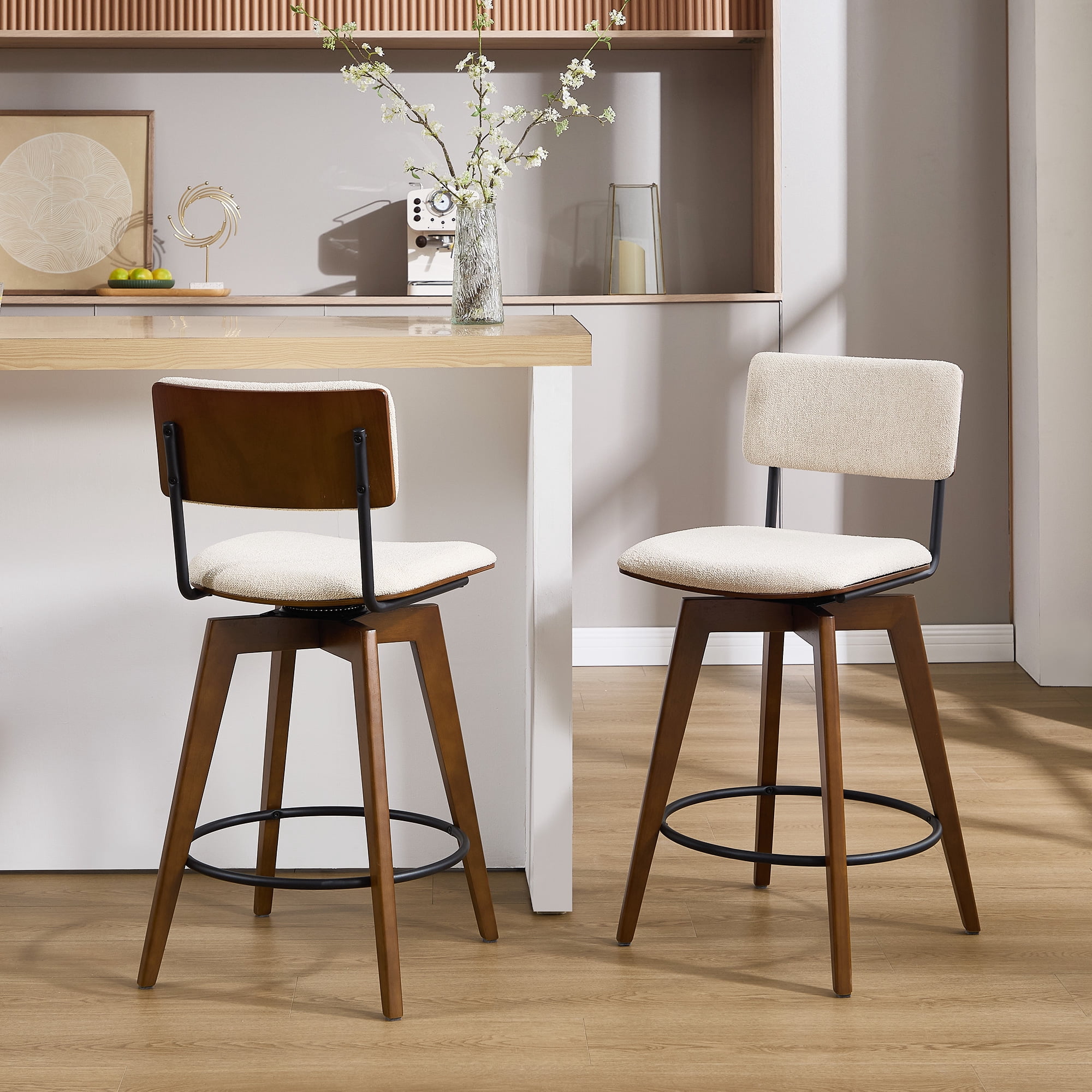 Zesthouse Swivel Counter Height Bar Stools Set of 2, 26" Upholstered Linen Barstools with Back and Walnut Wood Legs, Mid Century Modern Bar Chairs, Island Stool for Kitchen Counter, Beige