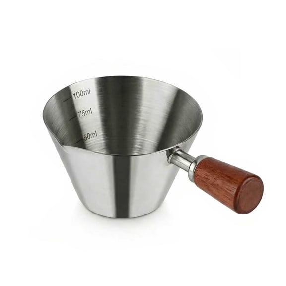 Stainless Steel Espresso Measuring Cup with Wooden Handle, 100ml/3.5oz Espresso Shot Cup with Inside Scale, V-Shaped Spouts Coffee Accessories for Milk, Sauce & Barista Coffee Brewing