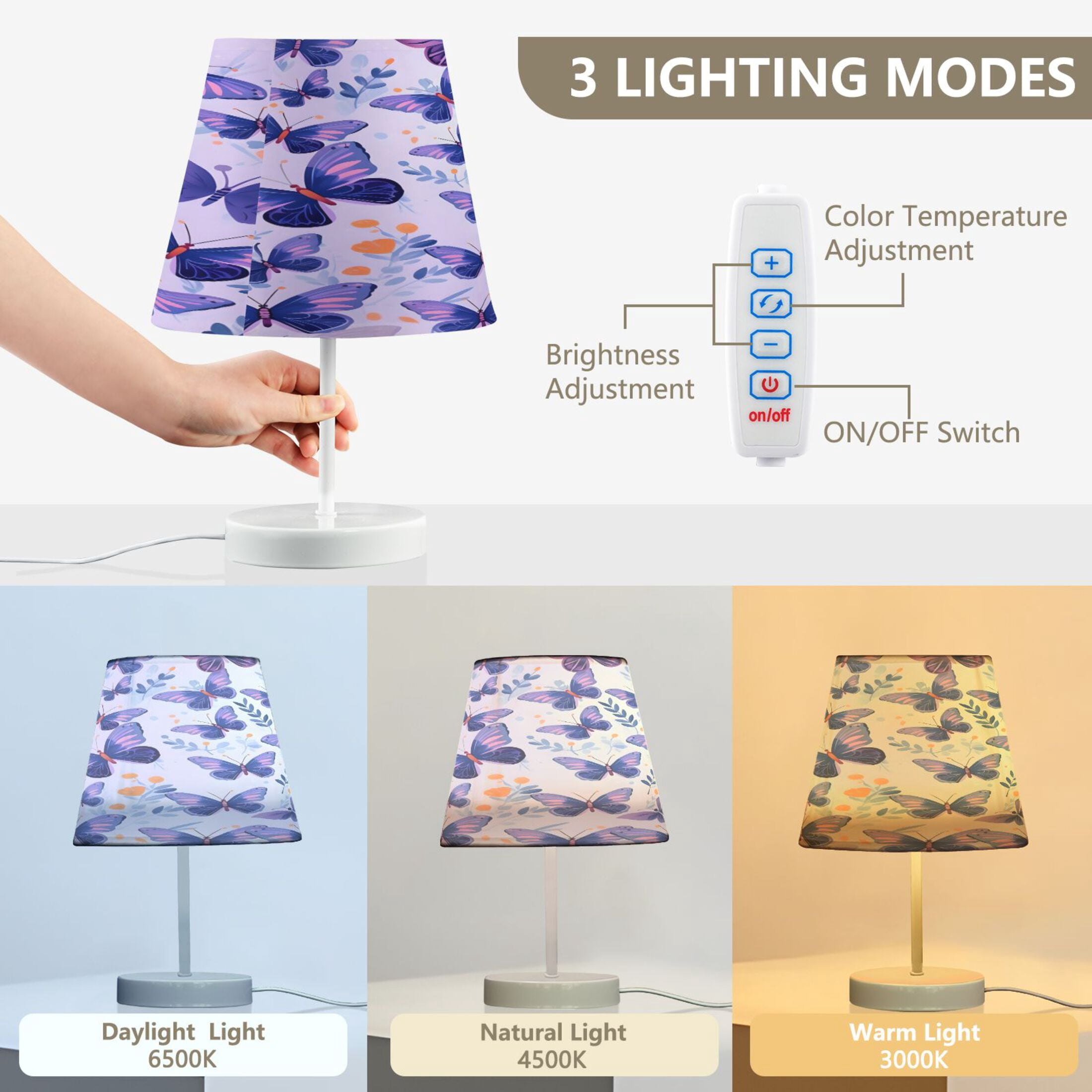 Ryvnso LED Bedside Table Lamp Butterflies in Purple Bedroom Desk Lamps Nightstand Lampshade M