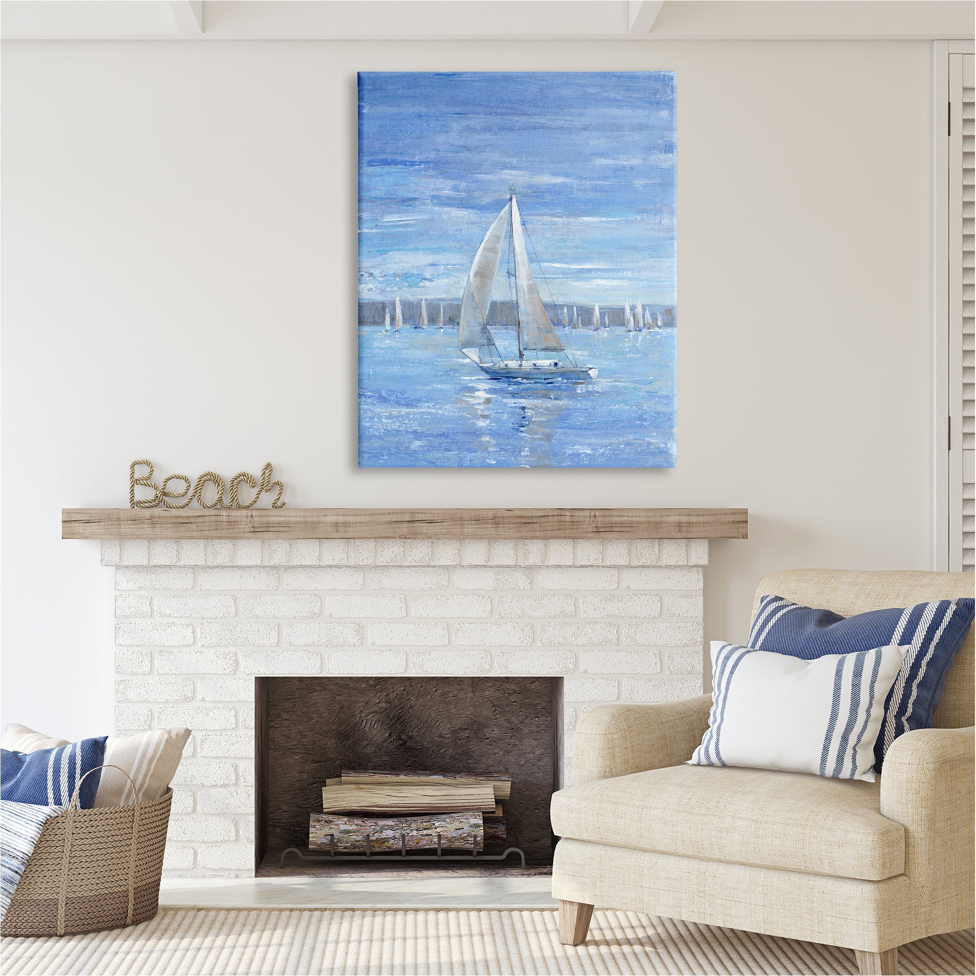 Stupell Industries Blue Sailboat Painting Transportation Painting Gallery Wrapped Canvas Art Print Wall Art, 36 x 48