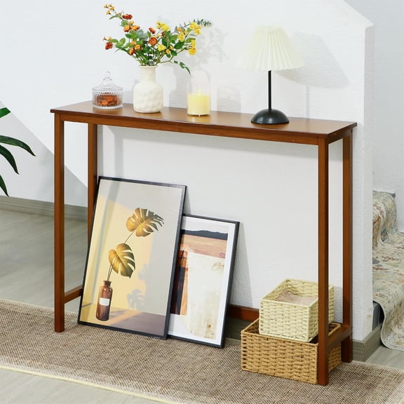 Bamboo Narrow Console Table, 39.4"(L) Wood Small Entryway Table, Accent Slim Hallway Tables, Thin Sofa Side Tables for Hallway, Living Room, Bedroom, Foyer, Walnut