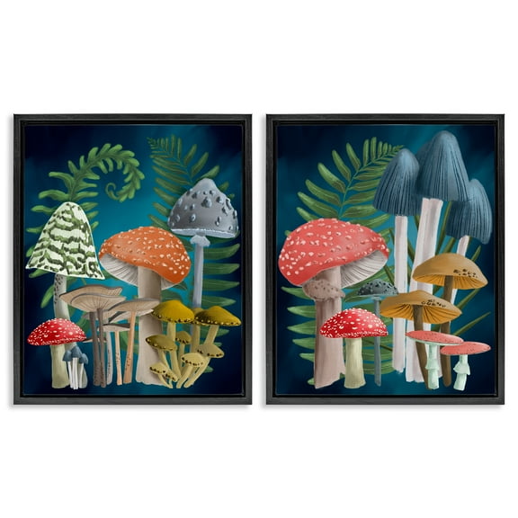 Stupell Industries Mushroom Varieties Forest Ferns Plants & Flowers Painting Black Floater Framed Canvas Art Print Wall Art, 17 x 21, Set of 2
