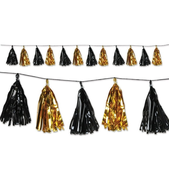 Beistle Club Pack of 12 Decorative Holiday Black and Gold Metallic Tassel Garland 8’