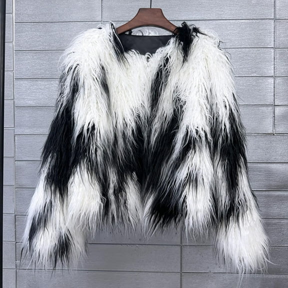 Winter Warm Cropped Shaggy Faux Fur Coat for Women Y2K Casual Crew Neck Long Sleeve Outwear Jackets 2025 Trendy Gradient Color Open Front Coat