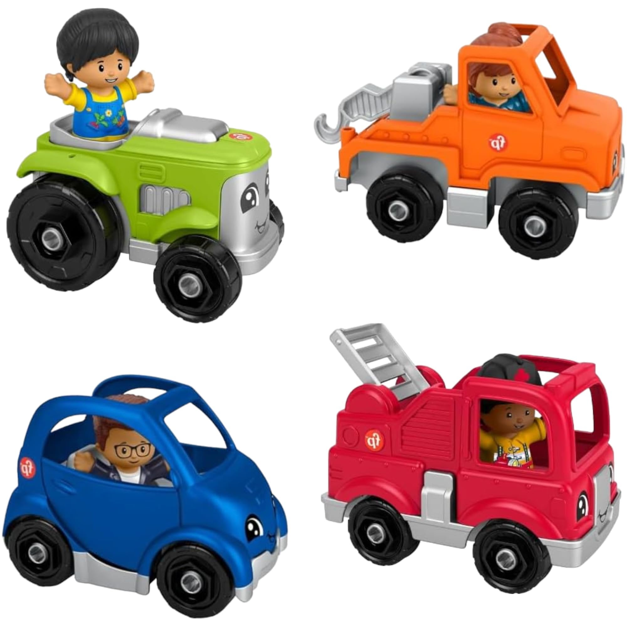Fisher-Price Little People Vehicles and Figure Bundle with Fire Truck, Tractor, Electric Car and Toy Truck Pack of 4