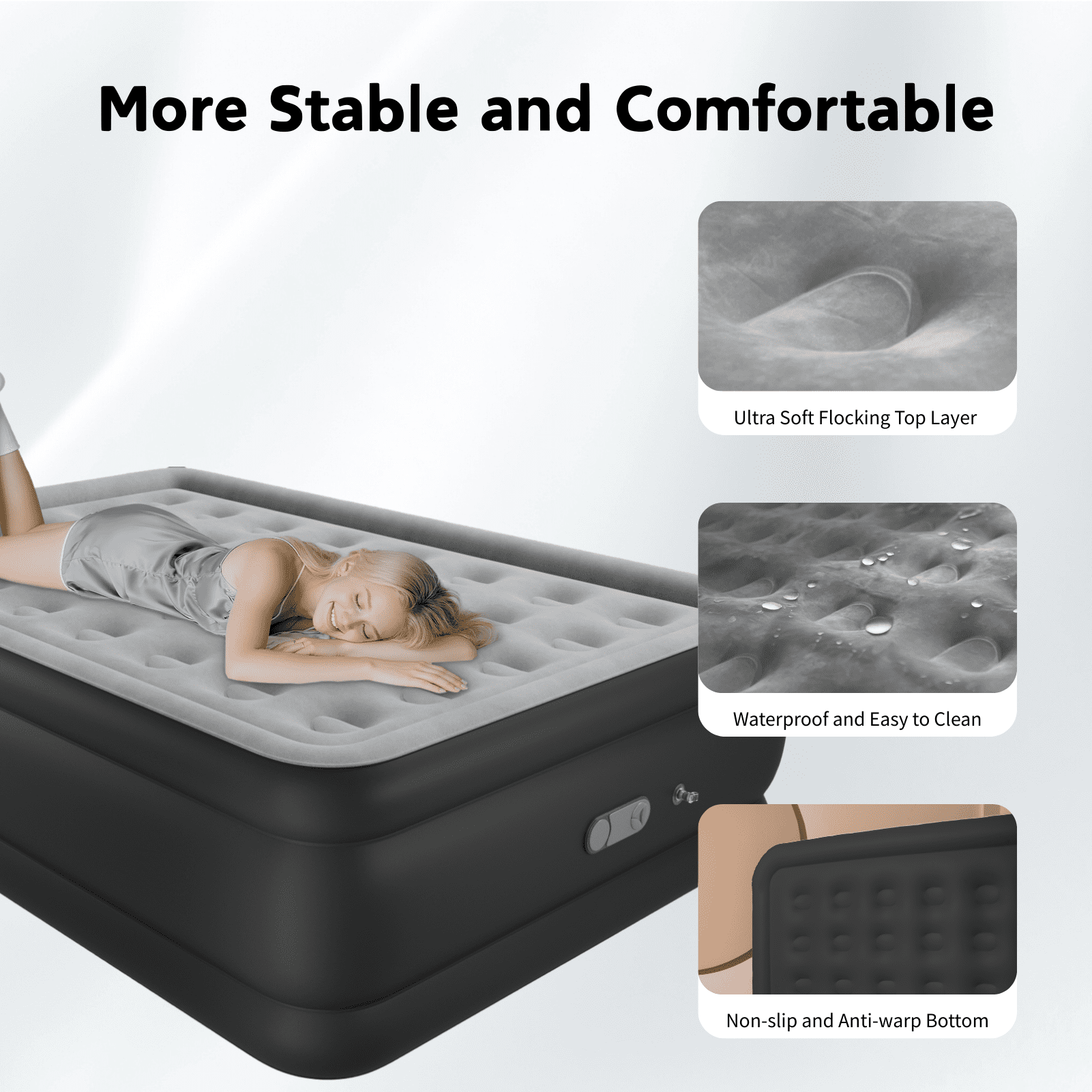 Queen 22" Top Flocking Air Mattress with Built-in Pump Raised Comfort,Fast Inflation/Deflation Foldable Portable Air Bed with Storage Bag for Home,Camping,Guests Grey