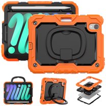 For iPad Mini 7th/6th Generation Case 8.3 inch 2024/2021, 360 Rotating Shockproof Cover with Stand, Handle, Shoulder Strap, Orange