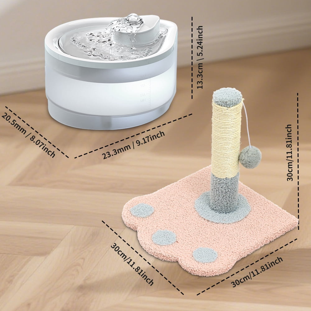 Circulating Cat Water Fountain + Scratching Tower, Ultra Quiet Drinking Dispenser with Ripple Basin, Designed to Increase Hydration for Cats & Small Animals (2500ML)