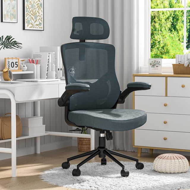 Ergonomic Office Chair with Adjustable Headrest & Lumbar Support - Back Desk Chair with Flip-Up Arms Swivel Executive Computer Task Chair