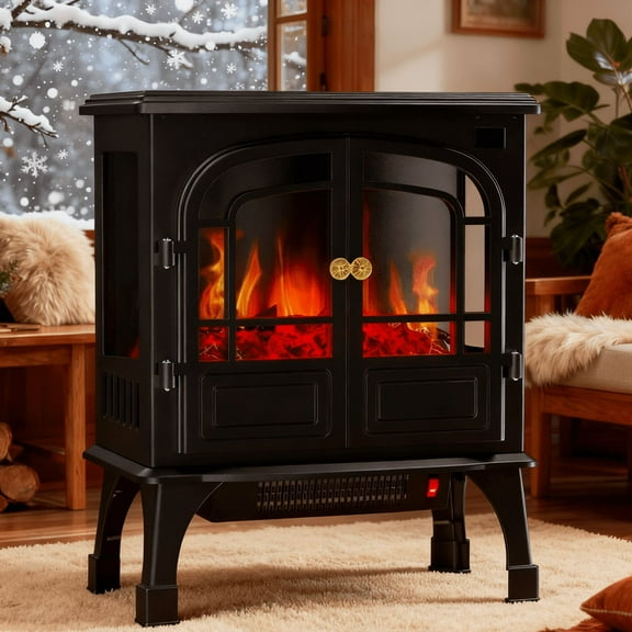 Sybels Compact 26" Double-Door Electric Fireplace, 1500W/750W Heater with Adjustable 3D Flame & Safe Protection - Freestanding for Bedroom, Office, Living Room, Black