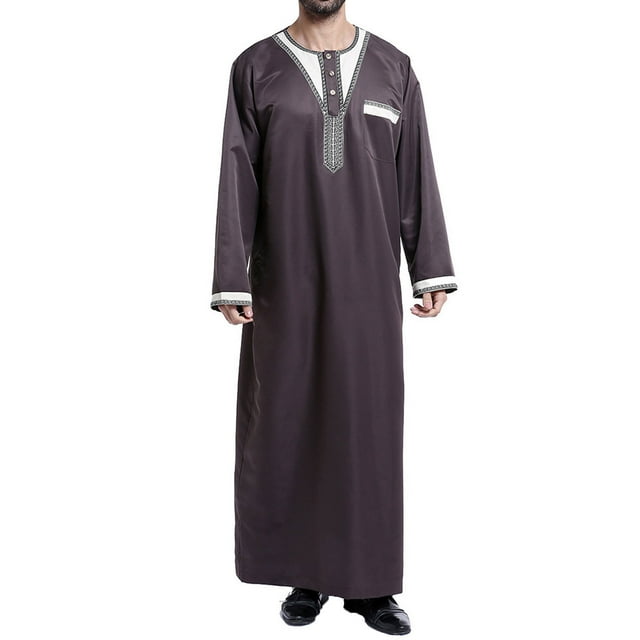 Pompotops Robe Musulmane pour Hommes Robe Arabe Motif Broderie Manches Longues Col Montant Poche Longue Chemise Mode Décontractée Robe en Solde