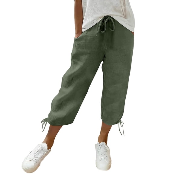Linen Capris for Women Casual Travel Drawstring Elastic Waist 3/4 Length Pants Tie Side Straight Leg Cropped Trousers with Pockets, Green-a, XXL