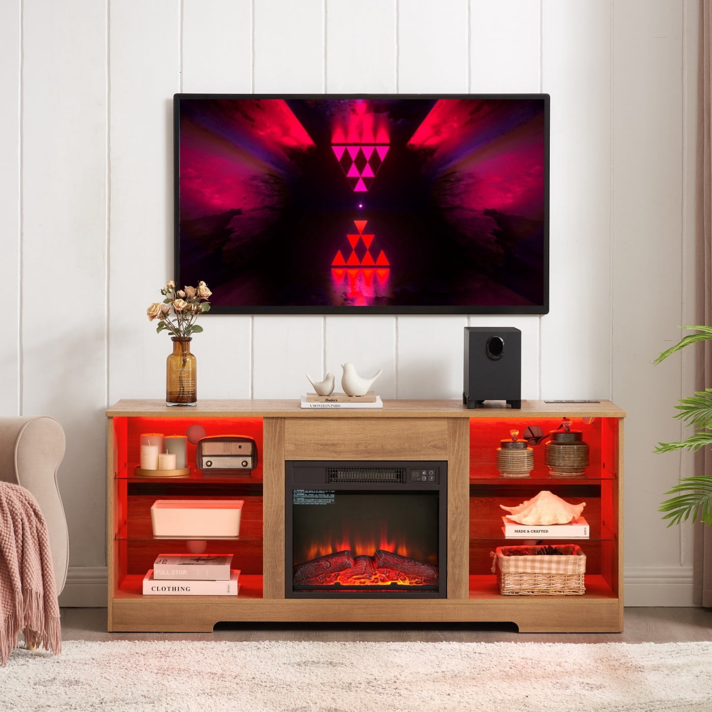 Electric Fireplace TV Stand for 65 Inch TV, 58" Modern Entertainment Center with LED Lights & Glass Shelves, 3D Flame Media Console with Storage Cabinet USB Charging Outlet, Oak