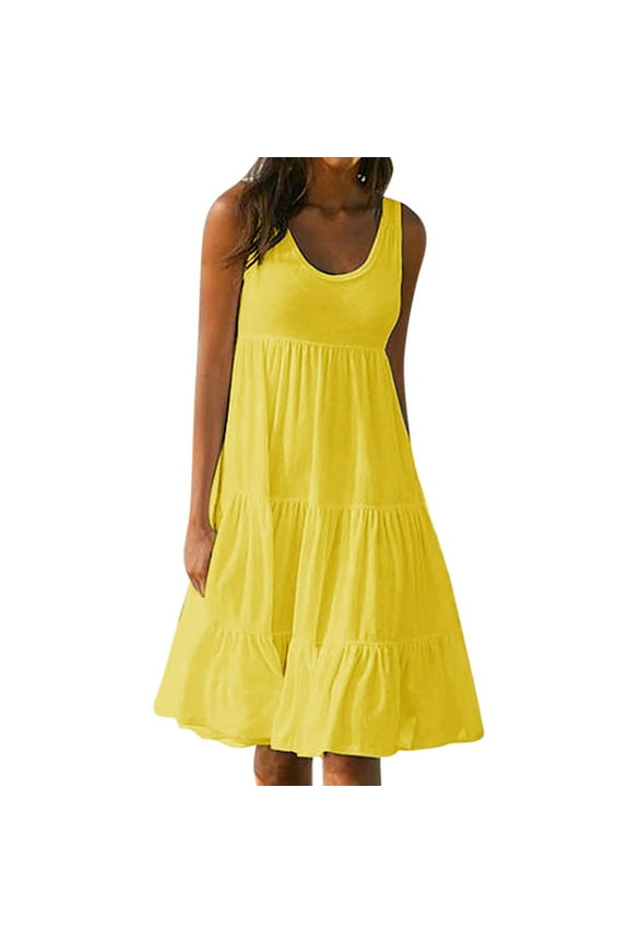 Women's Casual Summer 2024 Tiered Midi Dress Sleeveless Crew Neck Loose Ruffle Dress Smocked Elastic Waist Plus Size Boho Solid Color Sundress
