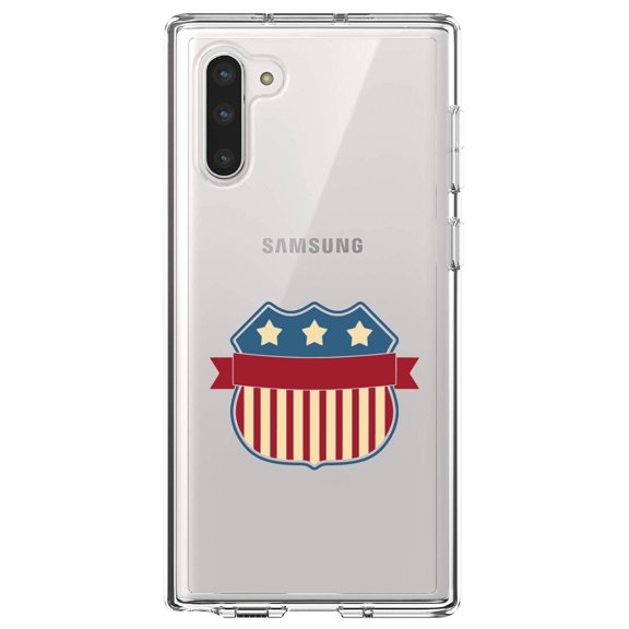 DistinctInk Clear Shockproof Hybrid Case for Samsung Galaxy Note 10 (6.3" Screen) - TPU Bumper Acrylic Back Tempered Glass Screen Protector - USA Badge Flag Red White & Blue