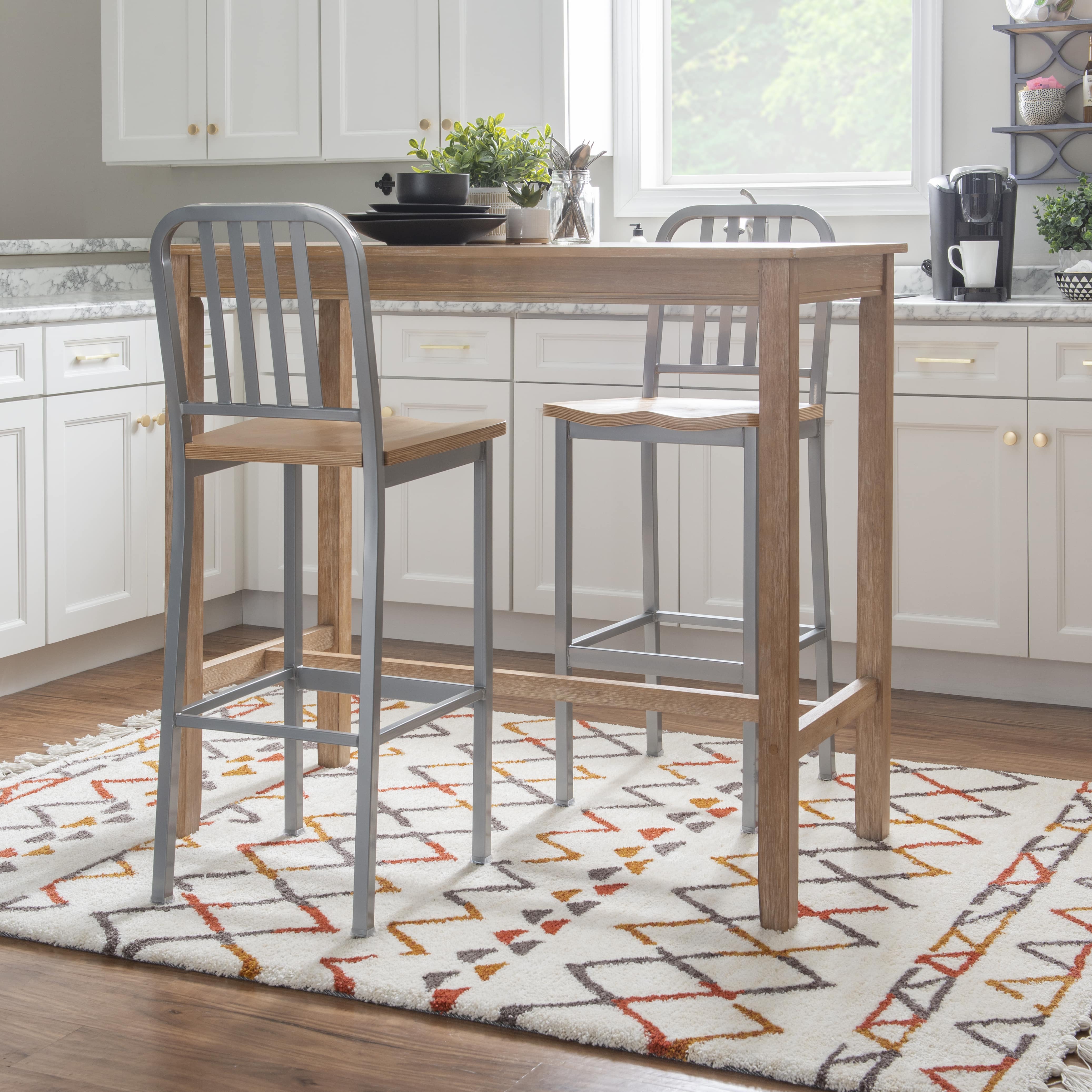 Linon Fostria 30" High Back Metal Bar Stools, Set of 2, Silver/Natural