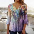 thumbnail image 1 of Womens Tops Ladies Top Floral Print V-Neck Short Sleeve Button T-Shirt Beige L, 1 of 5