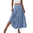 thumbnail image 3 of Women'S High Elastic Waist Midi Skirt Casual Summer Trendy Flowy Ruffle Floral Print A Line Skirts Blue Flower XL, 3 of 8