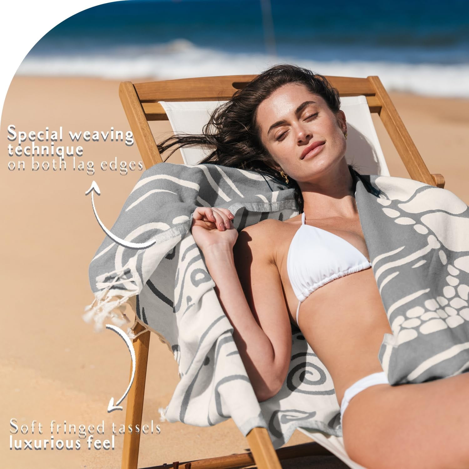 WEKAPO Turkish Beach Towel 39"x71" Oversized, 100% Cotton, Ultra Absorbent & Sand Resistant, Extra Large Beach Towel, Perfect for Beach, Bathroom, Pool, Travel (Grey Sea Turtle)