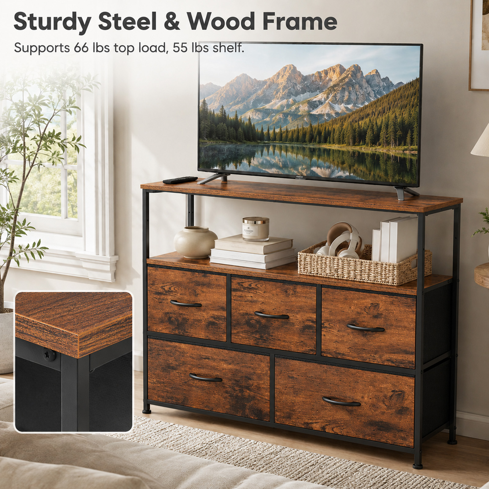Alvantor Tall Fabric Dresser, TV Stand Media Console, 5 Drawer Storage Tower with Wooden Top for Bedroom, Entryway, Nursery