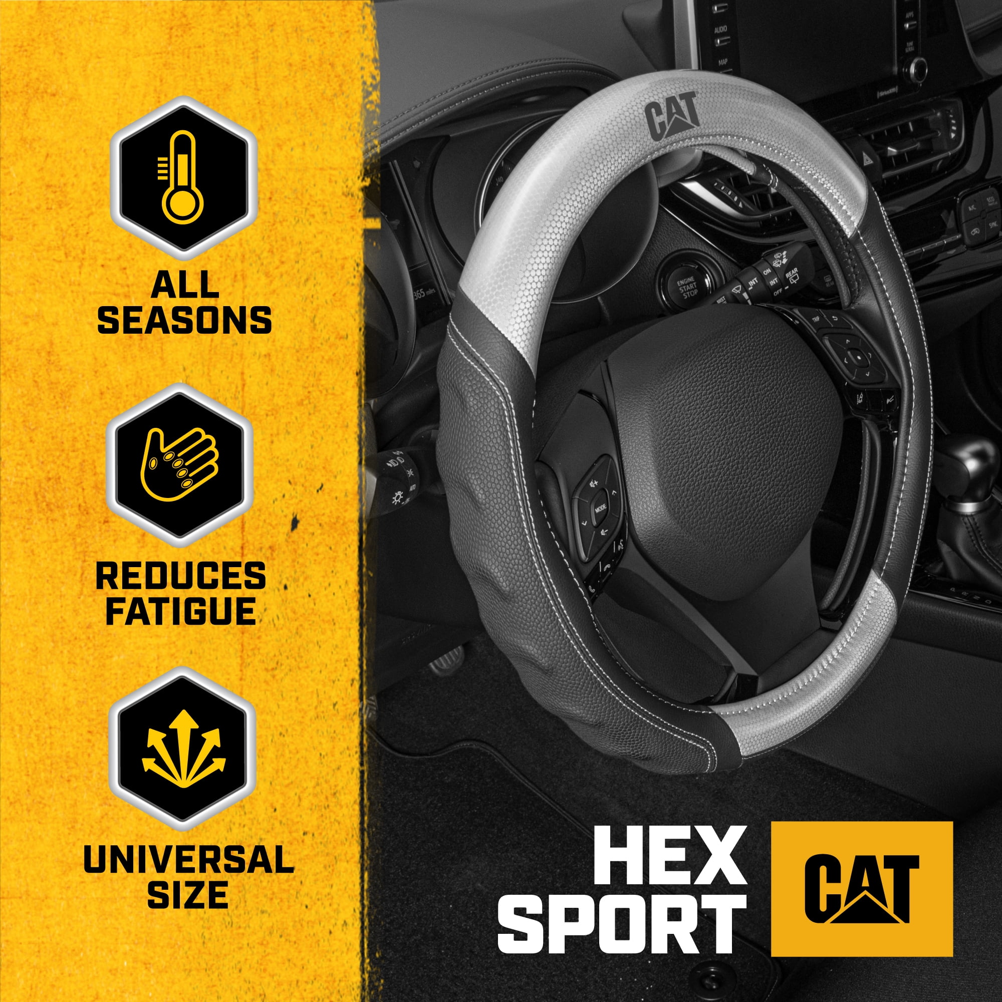 Caterpillar Two Tone Carbon Fiber Grip Steering Wheel Cover Strong, Durable and Comfortable Universal Size 14.5-15.5 Inch (Gray/Black)
