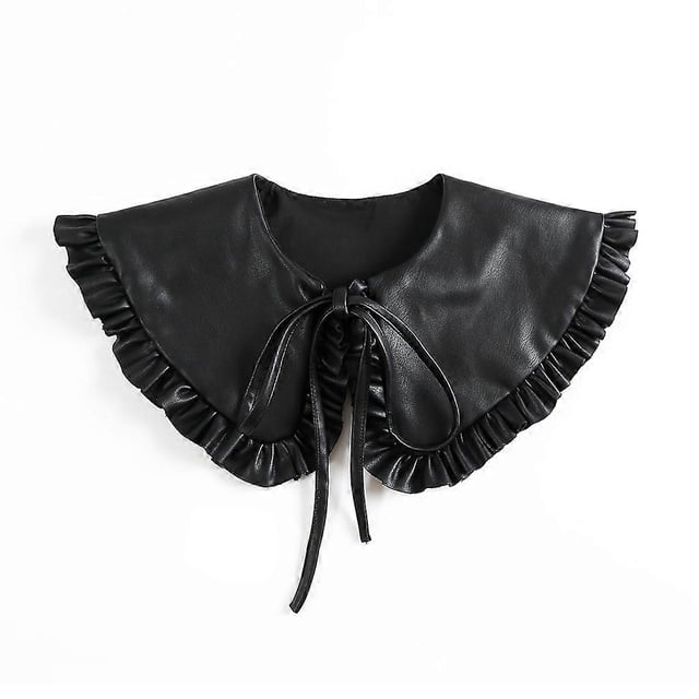 Women Imitation Leather Black False Collar Shawl Korean Style Vintage for Doll Ruffled Necklace Shoulder Wrap Decorative Self-Tie Short Poncho Capelet