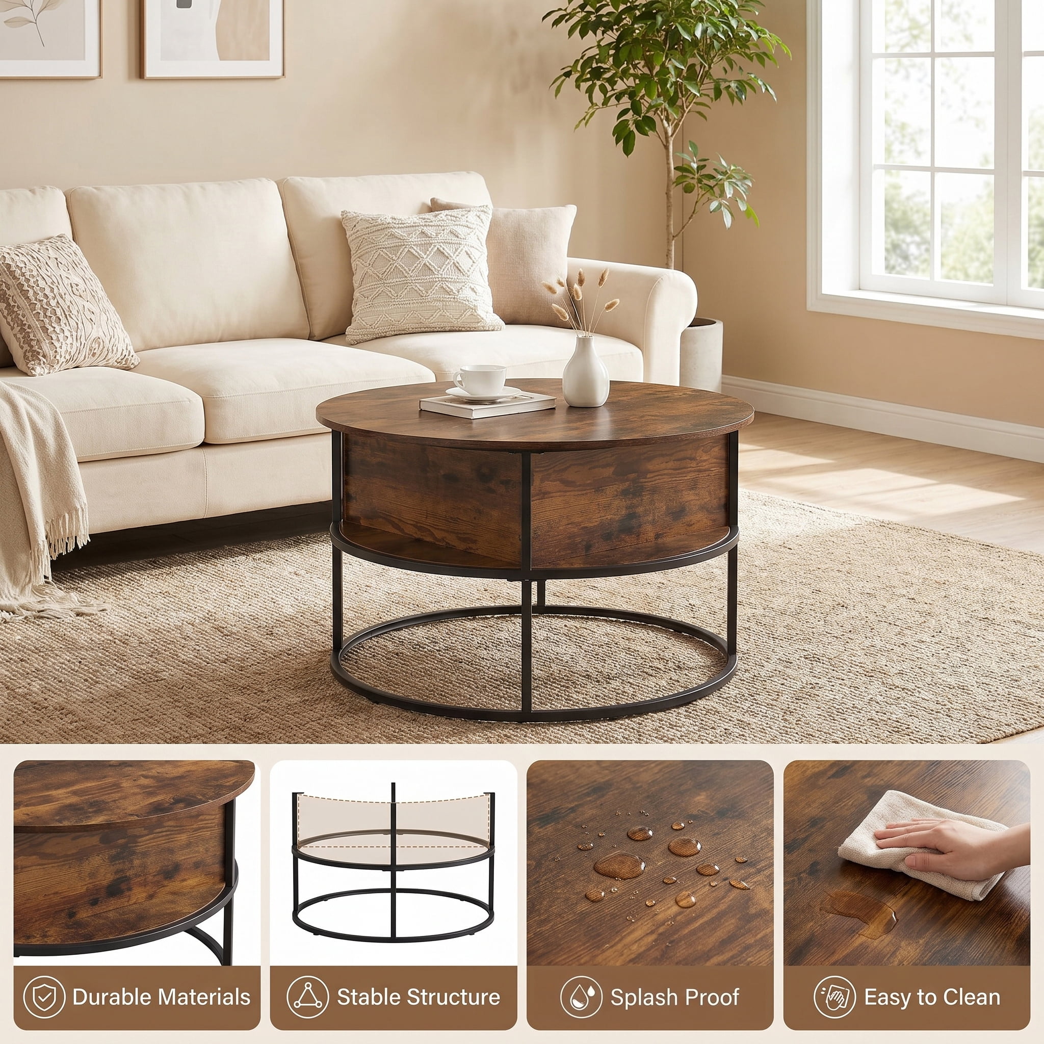 BEAUTYPEAK 32" Round Lift Top Coffee Table with Hidden Storage Circle Living Room Center Table, Dark Walnut