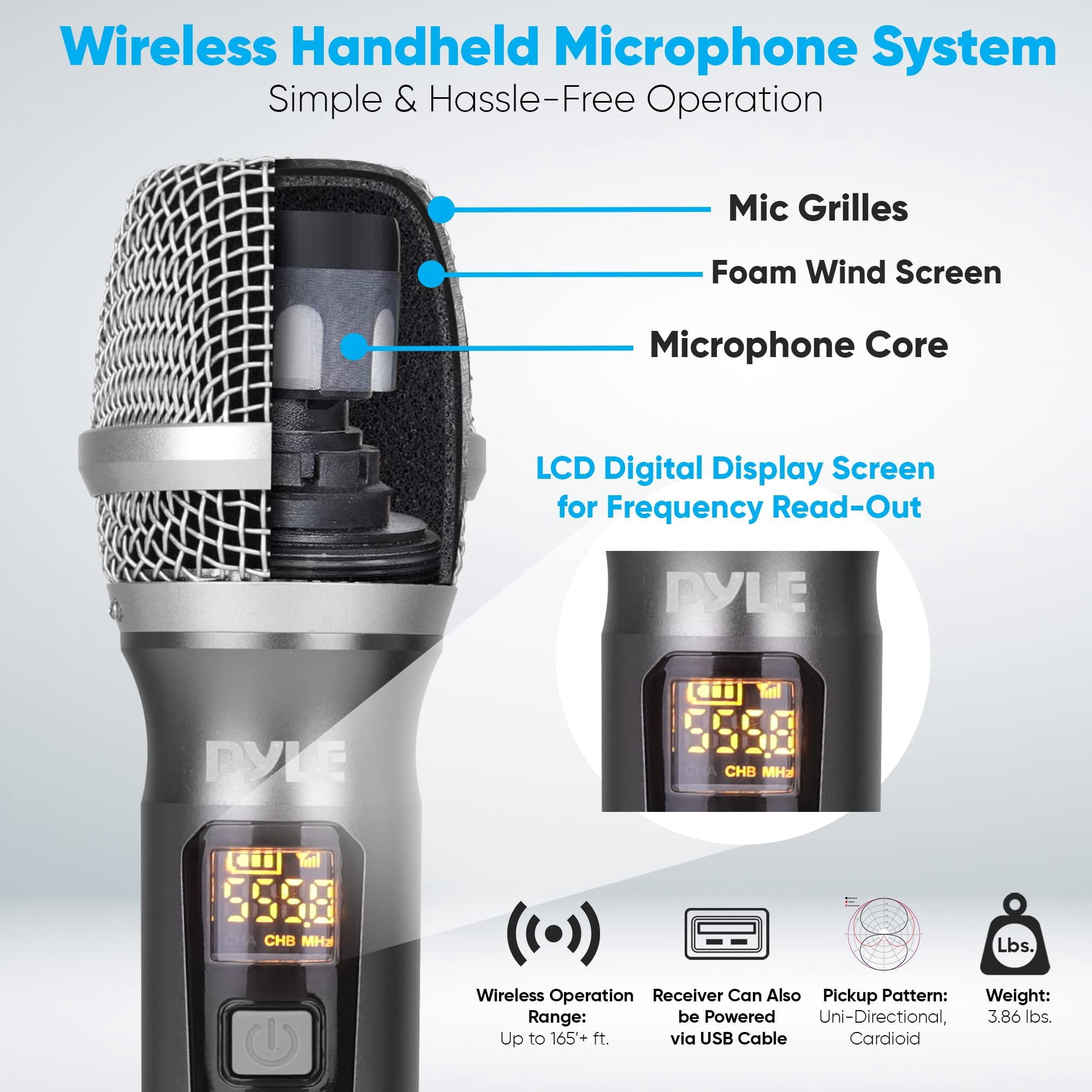 Pyle UHF Wireless Microphone System - Handheld Mic & Wireless Transmitter with Universal Plug-and-Play Audio