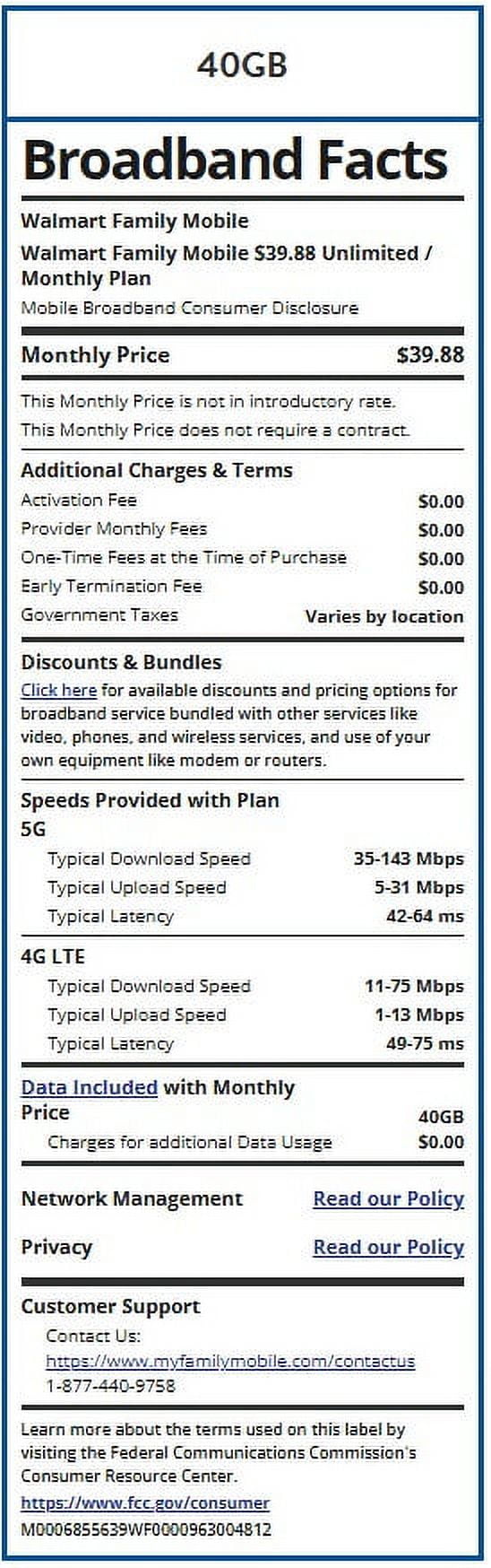 Walmart Family Mobile $39.88 Unlimited Talk & Text Monthly Prepaid Plan (40GB at High Speed, then 2G) with 10GB Mobile Hotspot e-PIN Top Up (Email Delivery)