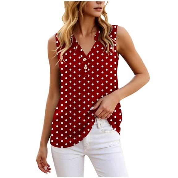 Dvprdro V Neck Button Front Sleeveless Top for Women Knit Loose Fit Polka Dots Summer Casual Blouse