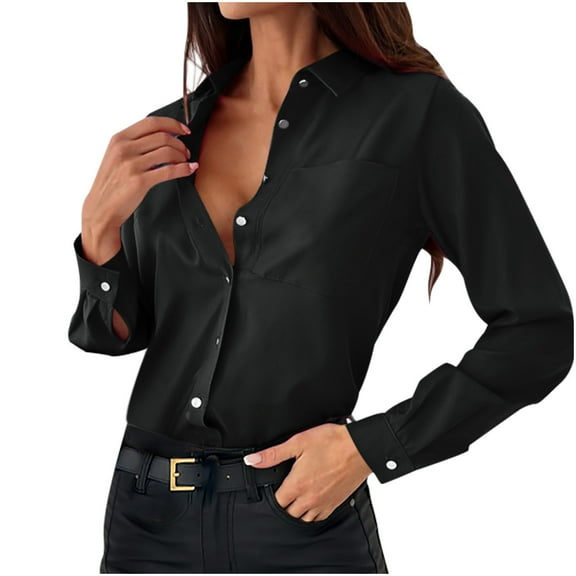 Admvng Shirts for Women Trendy Casual Shirt Long Sleeve Solid Turn-down Collar Blouse S-2XL