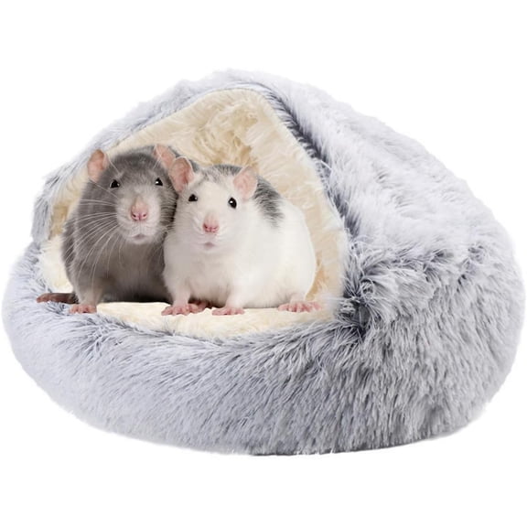 Rat Bed Cave - Long Plush Fluffy Bed Winter Warm Hideout Hooded Calming Cuddler Washable Small Animal House Cage Accessories for Guinea Pig Rabbit Bunny Ferret Kitten Puppy (Gray, 14x14inch)