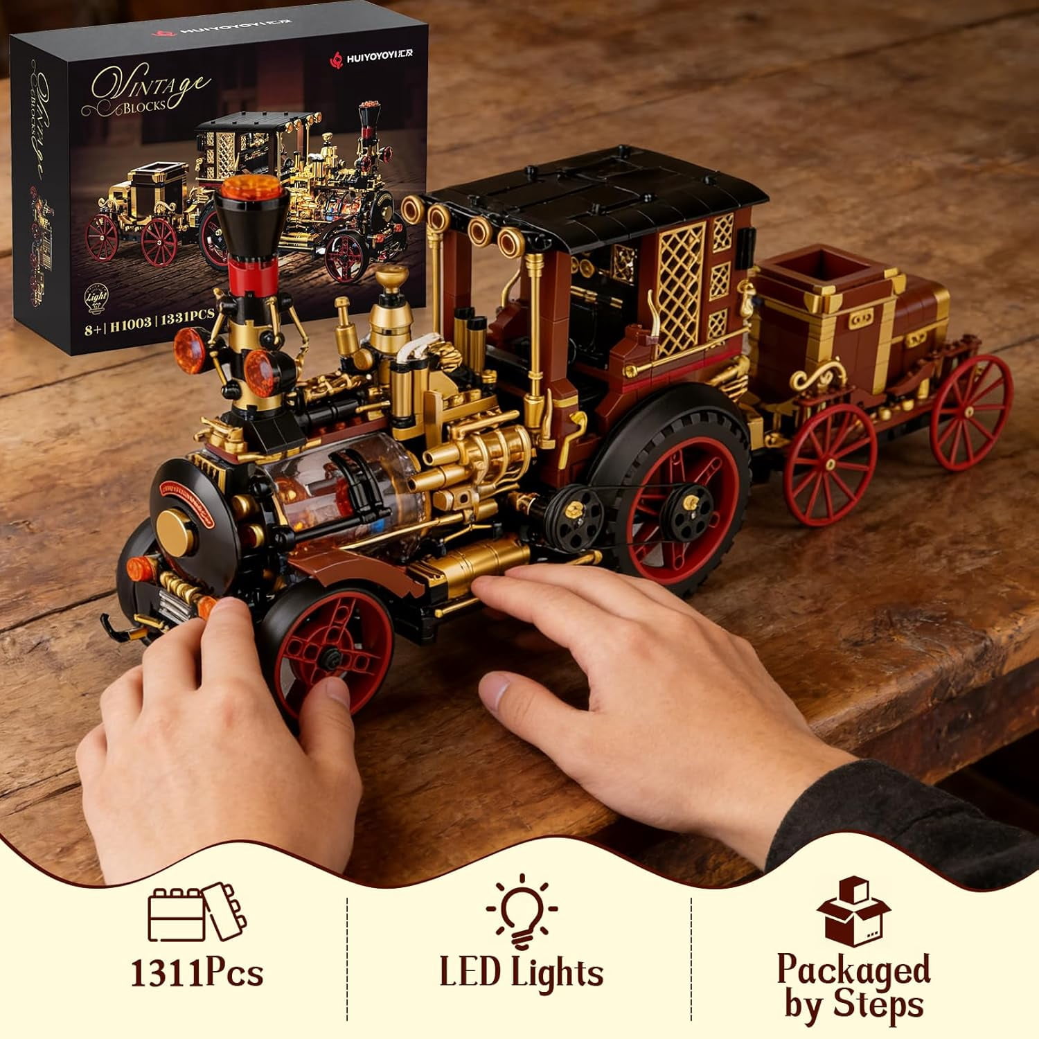 Vintage Car Steam Engine Building Blocks Set with Lights, Western Retro Steam Tractor Locomotive Model Building Kit for Vintage & West Lovers