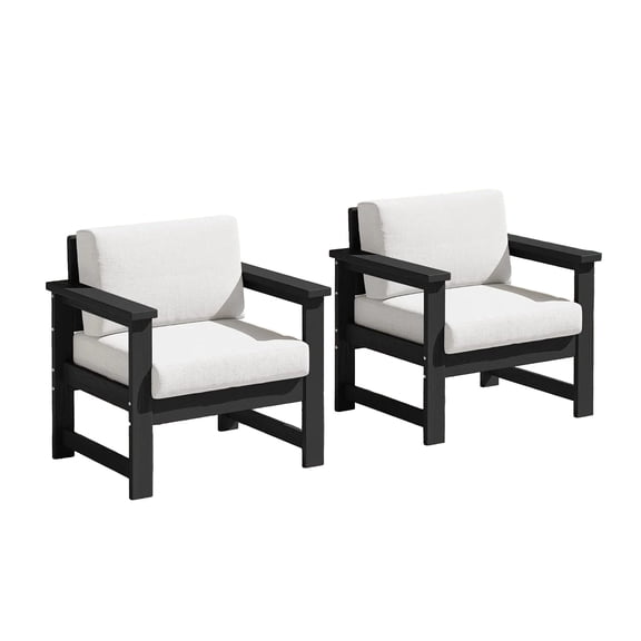 KINGYES Outdoor Sofas, HDPE All Weather Use Conversation Couch, for Patio Backyard, Black Frame with Khaki Cushions