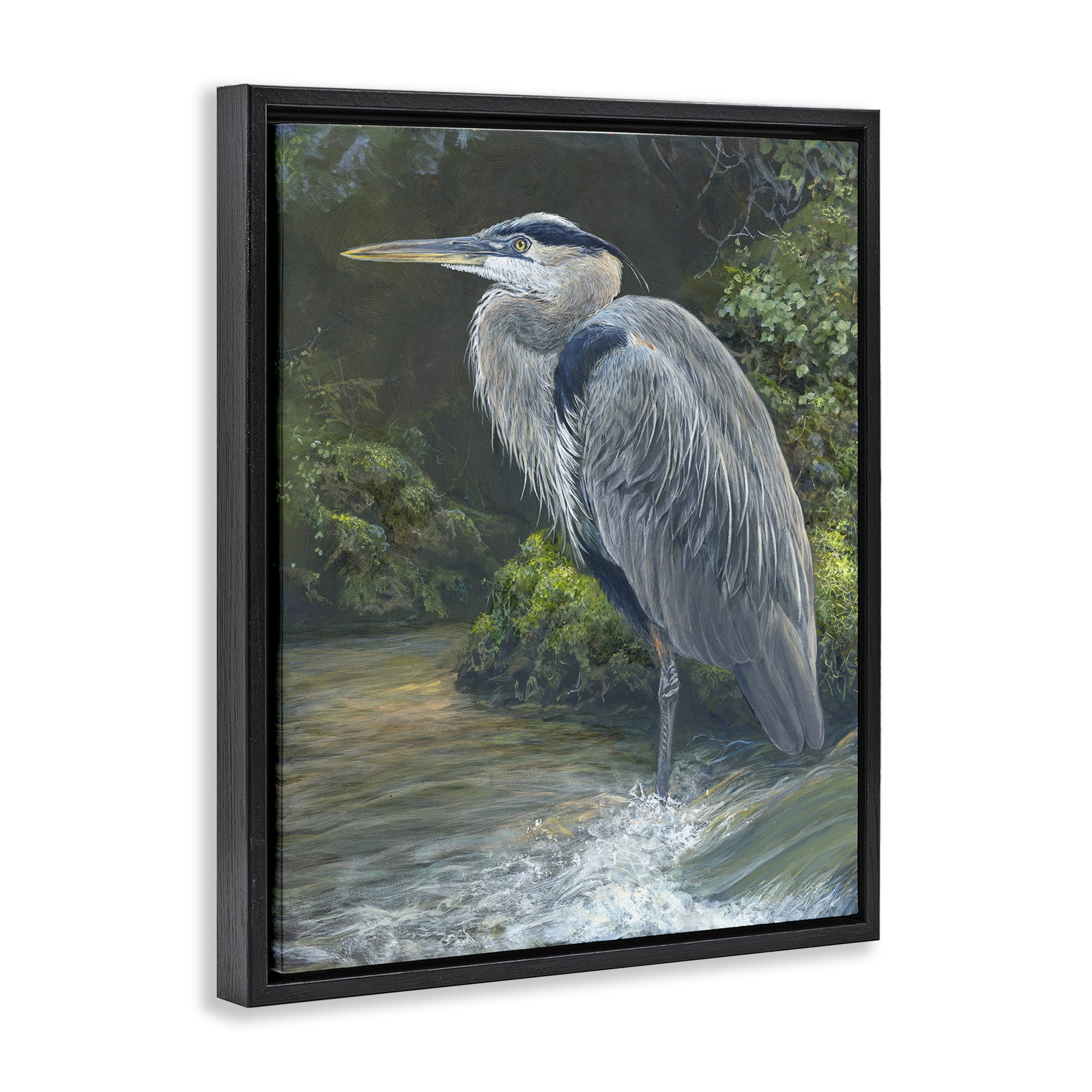 Stupell Industries Blue Heron at Water's Edge Animals Painting Black Floater Framed Canvas Art Print Wall Art, 17 x 21