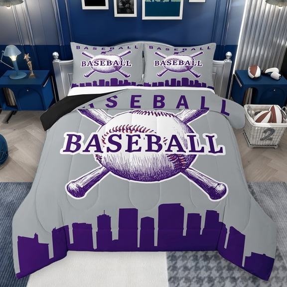 Homewish Ball Sports Player Bedding Comforter Set, Grey Purple Cartoon Baseball Twin Comforter Sets, Teens Kids Boys Girls Reversible Bedding Set, Breathable Home Decor, 2pcs