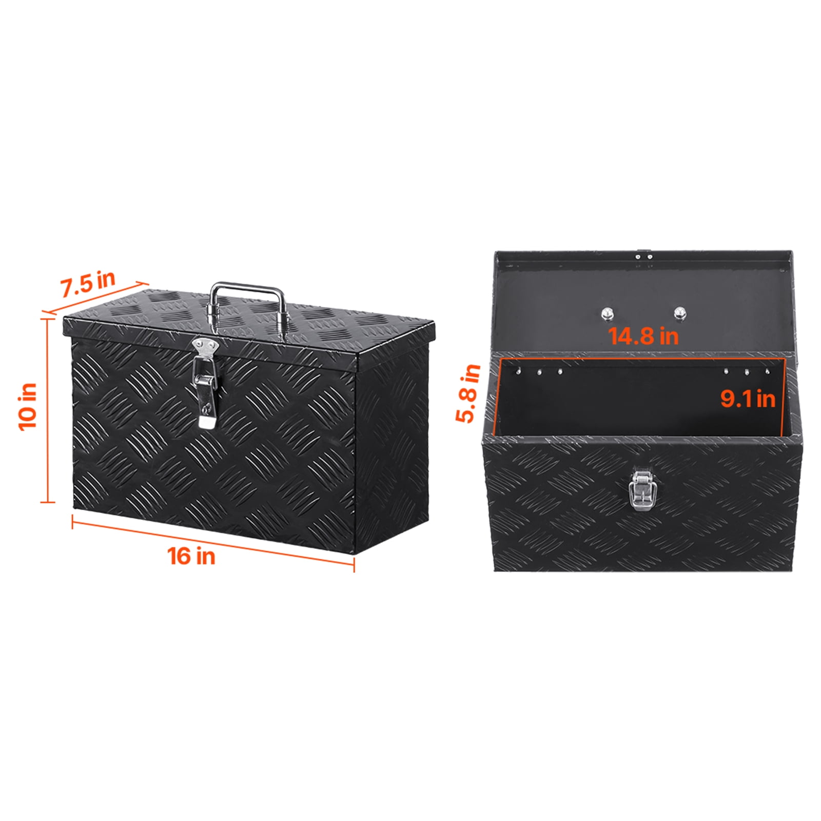 VEVOR Heavy Duty Aluminum Truck Bed Tool Box, Stripes Plated Tool Box with Side Handle and Top Handle, Storage Toolbox Chest Organizer for Trailer, Pickup, Truck Bed, RV, 16"x7.5"x10", Black