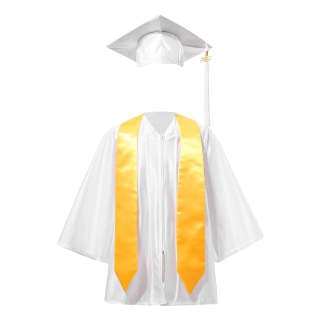 YONGHS Girls Graduation Gown Cap Set Kindergarten Preschool Church Robe Kids Children Uniform Outfit White 24