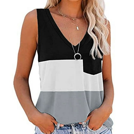 

Womens Tops Loose Fit V Neck Color Block Splicing Summer Sleeveless Shirts