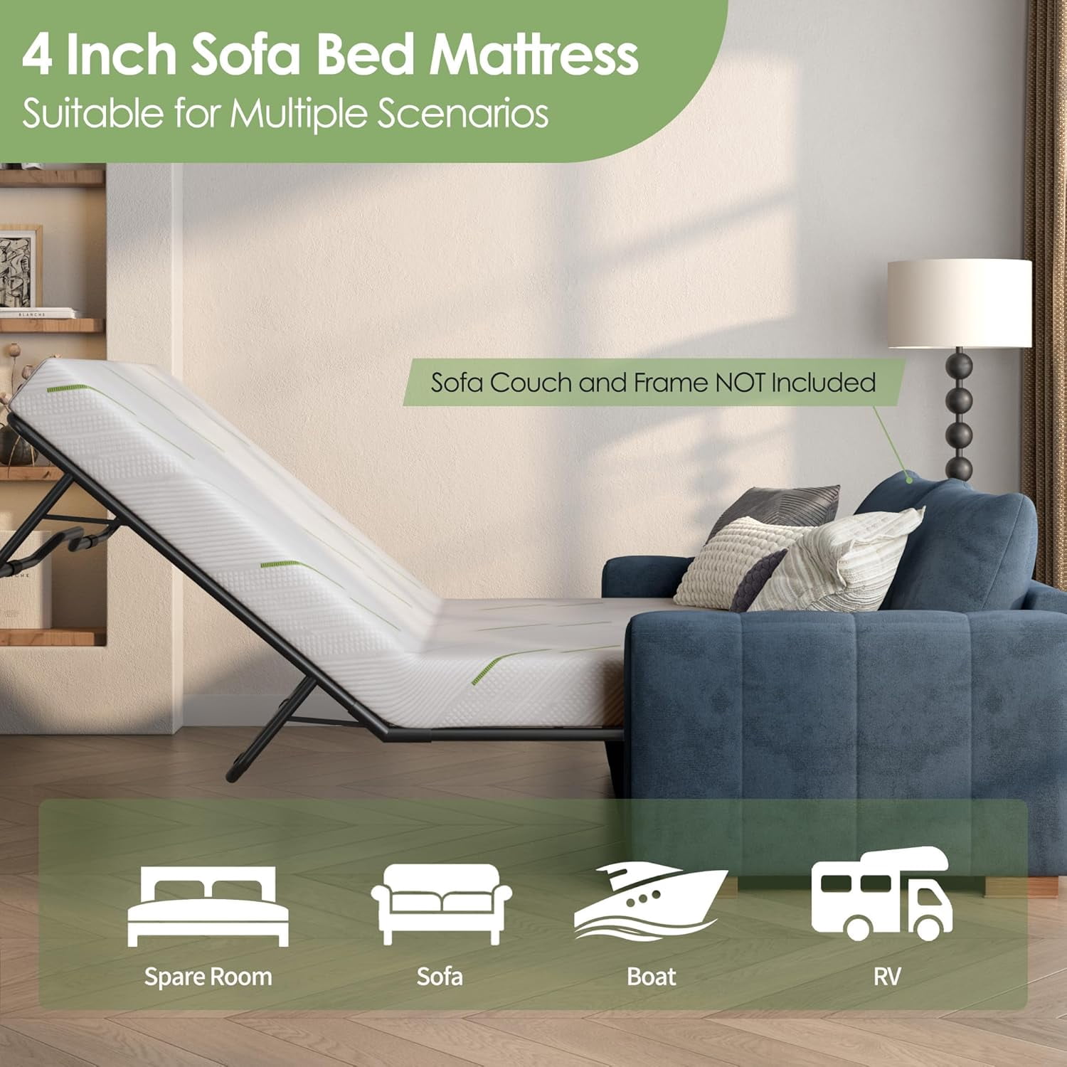 4 Inch Full Size Mattress,Pull-out Sofa Replacement Gel Memory Foam Mattress, CertiPUR-US Certified, Removable Washable Cover, for Couch Beds Guest Rooms, Sofas, RVs & Boats,(Sofa Not Included)