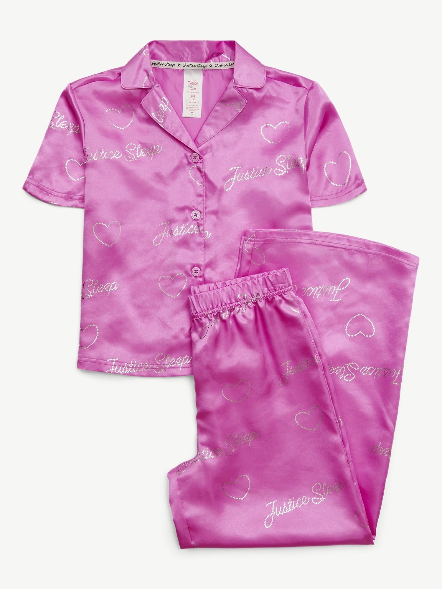 Justice Girls Satin Short Sleeve Button Front Sleep Top and Sleep Pants, 2-Piece, Sizes 5-18 & Plus