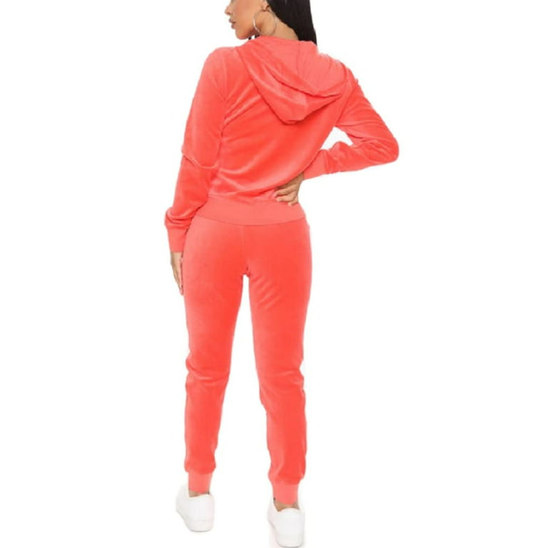 Women 2 Piece Outfits Velour Tracksuit for Velvet Jogging Workout Sets  Light red M