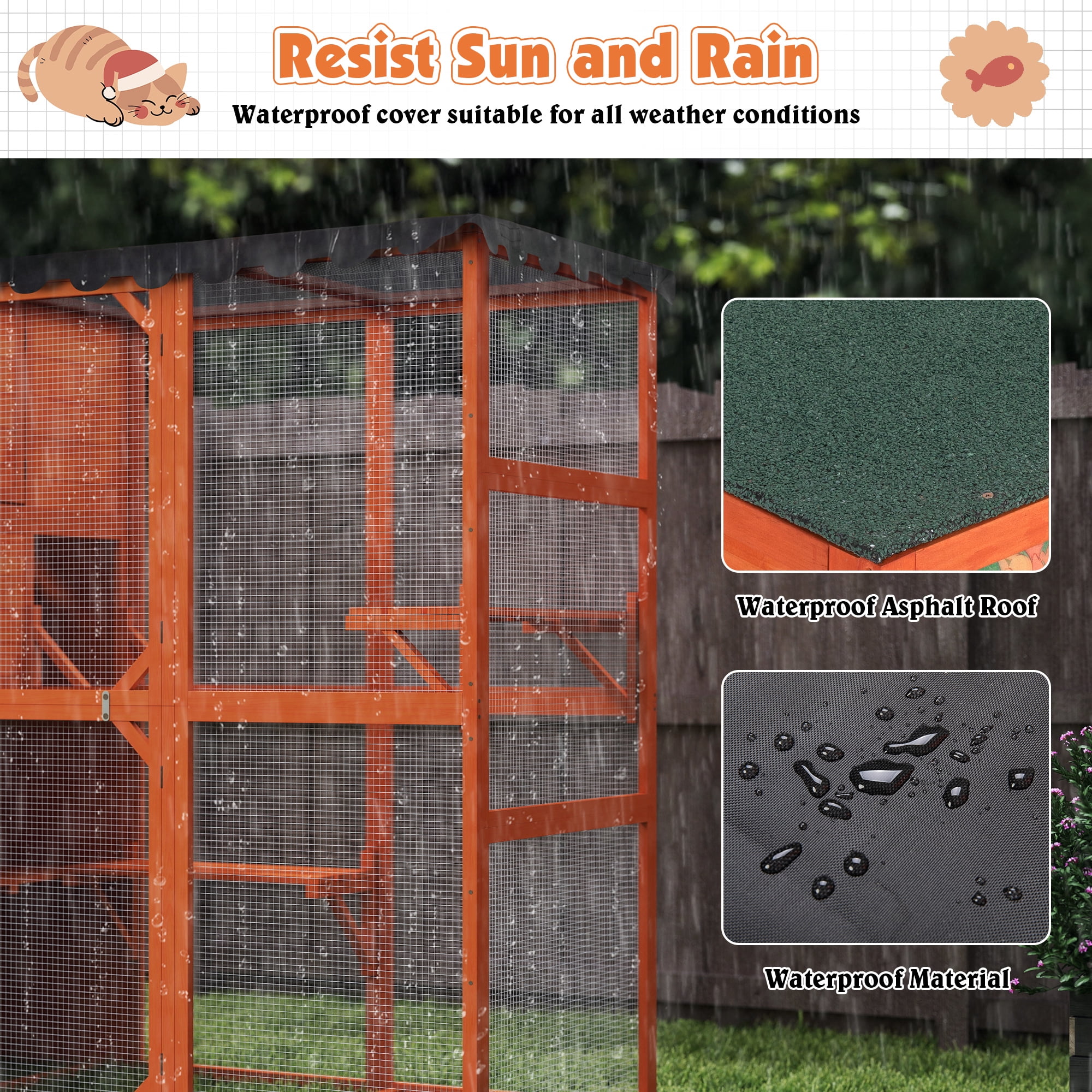 COZIWOW Wood  Cat House Catio Outdoor Enclosure, 2 Resting Condos, 2 Platforms, 4-Tier Cat Play Cage, Orange
