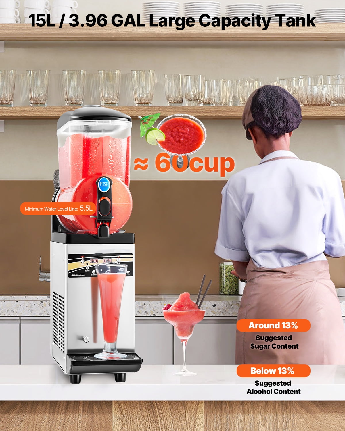 VEVOR Commercial Frozen Drink Maker, 15L Single Tank Slushy Machine, 60 Cups Stainless Steel Margarita Smoothie Frozen Drink Machine, Slushie Maker