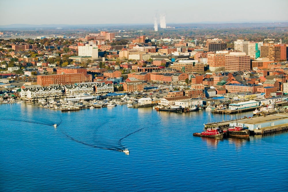 Aerial of downtown Portland Harbor and Portland Maine with view of