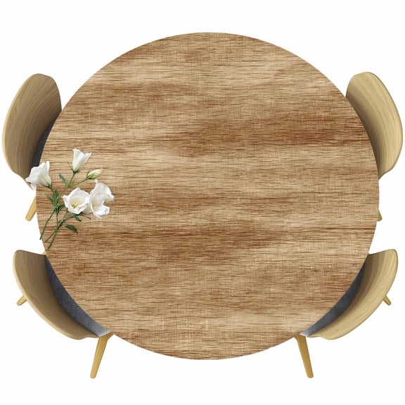 Retro Brown Wood Grain Round Fitted Tablecloth with Elastic Edge, Rustic Board Texture Country Style Stretch Table Covers for 36"-44" Tables Wipeable Table Cloth for Outdoor