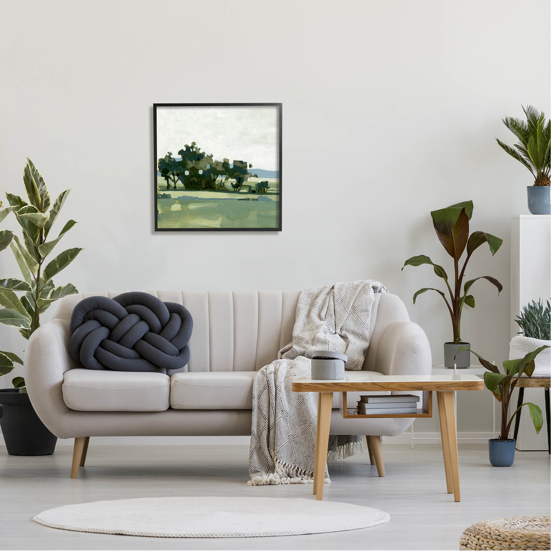 Rural Tree Grove Grassland Landscape Painting Black Framed Art Print Wall Art