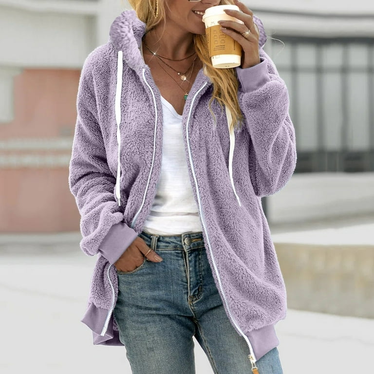 TOWED22 Womens 2023 Winter Fuzzy Jacket Hooded Color Block Thermal Coat  Oversized Fluffy Outerwear with Pockets(Purple,S) 