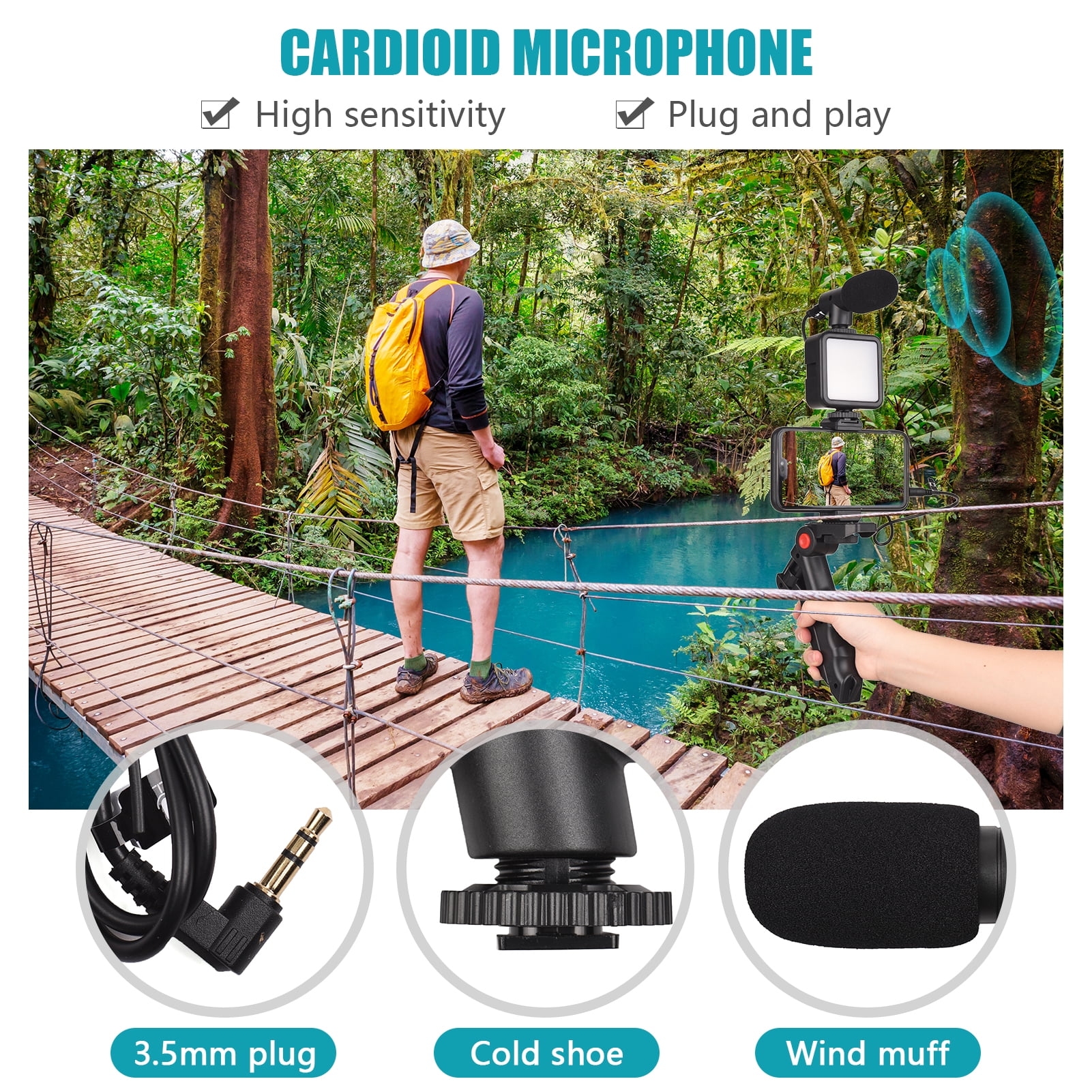 Vlogging Kit for Phone with Tripod, LED Light, YouTube Starter kit with Mini Microphone for Live Stream, Video Calls, Vlogging, Instagram